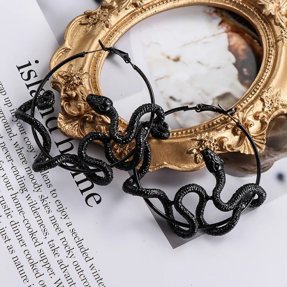 Gothic Cool Punk Antique Black Snake Earrings - Twining Snake Hoop Statement Earrings for Party Jewelry