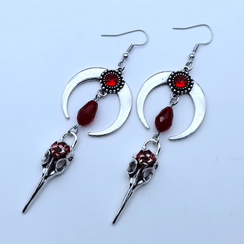 The New Crow Skull Earrings Goth Punk Style Horns Red Blood Drops Crystal Jewelry Gorgeous Fashion Ladies Gifts