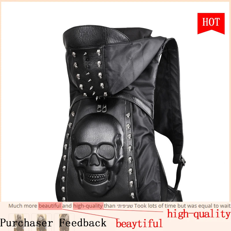 New 2020 Fashion 3D Skull Leather Backpack – Rivets Skull Design with Hood Cap, Crossbody Apparel Bag for Men