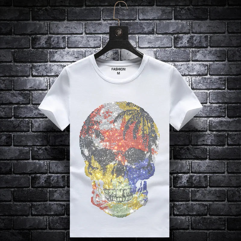 Plus Size 2024 Fashion Men’s Skull Rhinestone T-Shirt - Short Sleeve O-Neck Slim Fit Streetwear