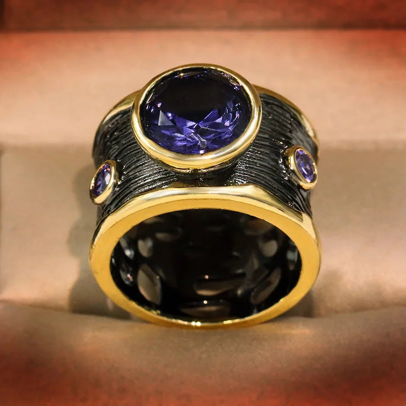 SSilver Plate Large Round Cut Amethyst Ring, Women's Vintage Black Gold Cocktail Ring, Italian Jewelry Antique Design