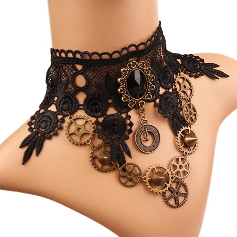 Sexy Gothic Crystal Gear Chain Choker: Black Lace Neck Choker Necklace, Vintage Steampunk Jewelry for Women