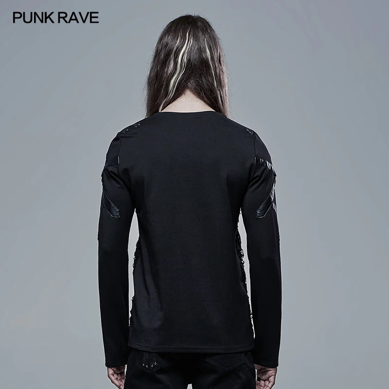 PUNK RAVE Men's Gothic Church Building Structure Knited Elastic Long Sleeve T-shirt Punk Personality Casual Men Black Tops