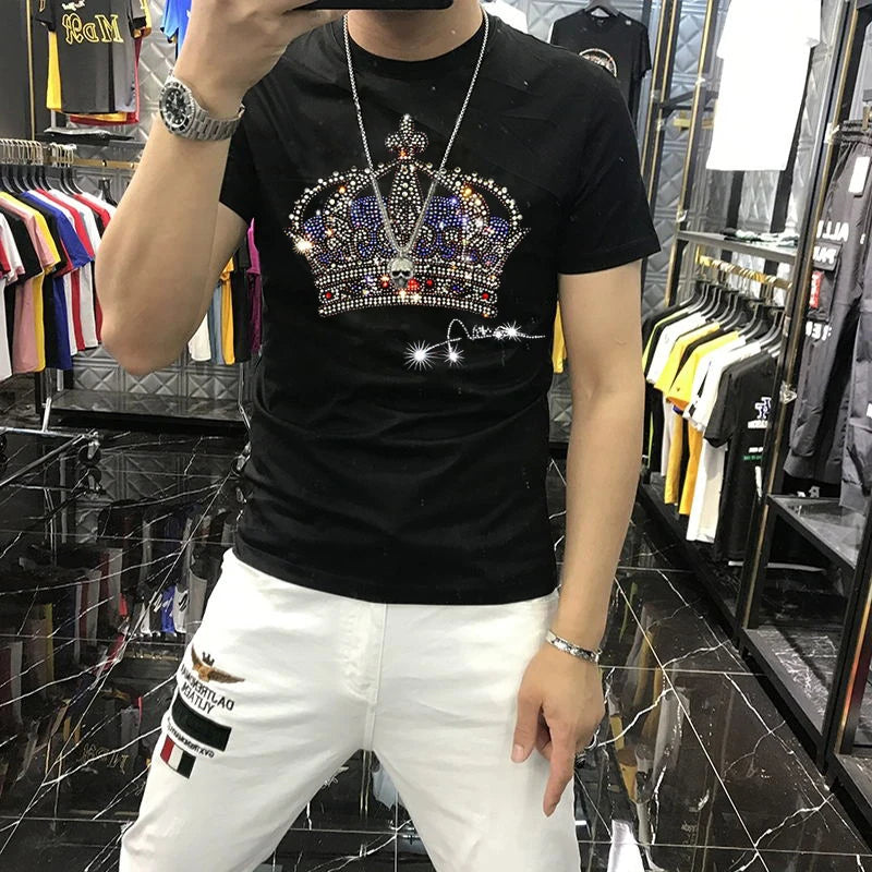 Korean Men's Handsome T-Shirt - Luxury Brand Big Crown Hot Diamond Oversized Short-Sleeve Plus Size Top