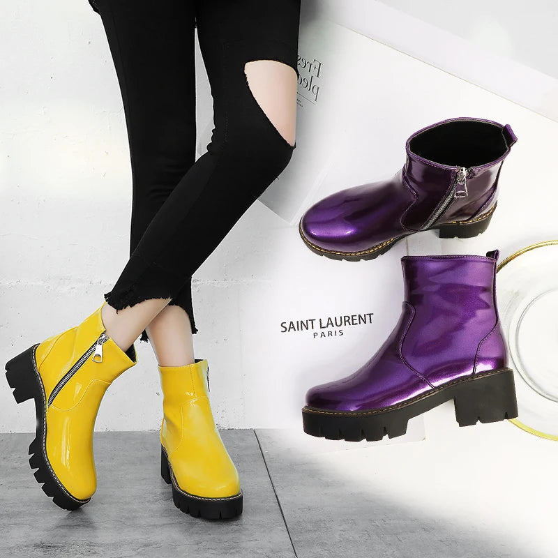 Fashion Punk Platform Ankle Boots - Purple, Yellow, Black Patent Leather Thick Heel Women’s Shoes