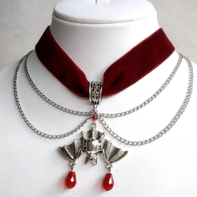 Goth Red Velvet Bat Victorian Gorgeous Punk Gothic Vampire Jewelry Fashion Party Choker Necklace