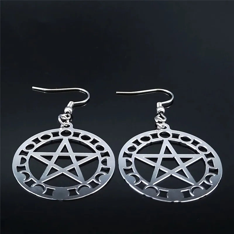 Witchcraft Pentagram Stainless Steel Drop Earrings - Moon Phase Women’s Jewelry