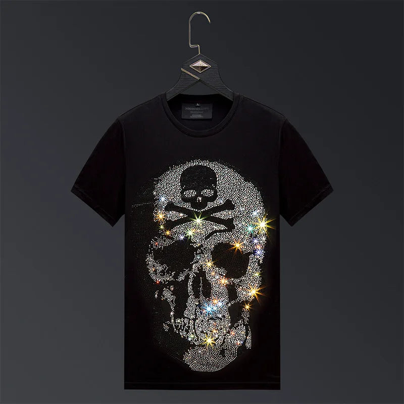 Plus Size Men’s Rhinestone Skull T-Shirt - 2024 Summer Streetwear O-Neck Slim Fit Short Sleeve