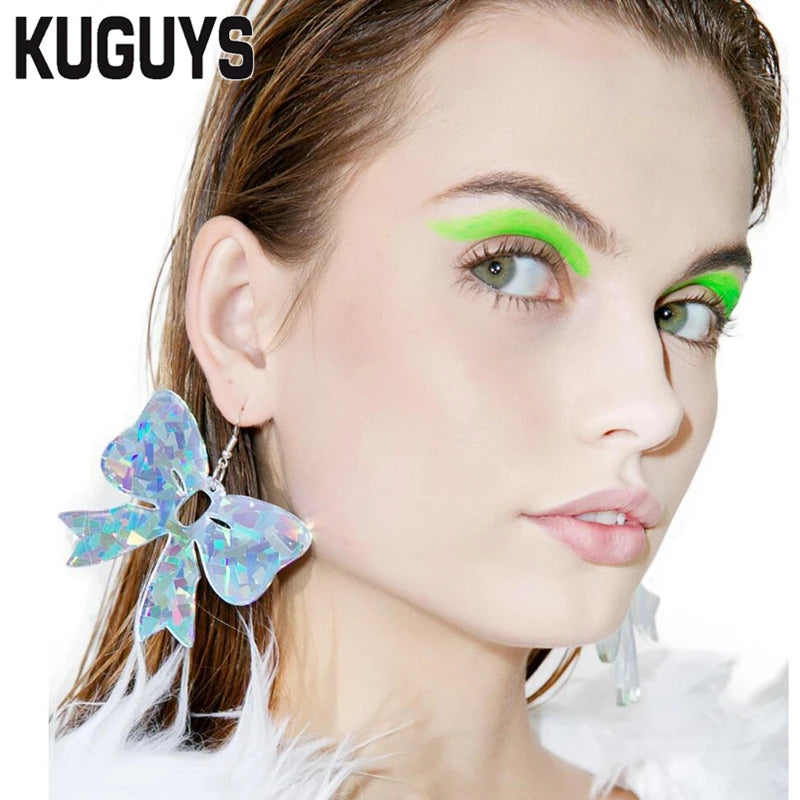 Laser Acrylic Bowknot Fairy Large Drop Earrings for Women - Trendy Fashion Accessories by KUGUYS