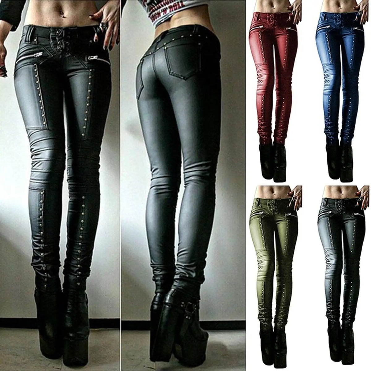 Women’s Retro PU Leather Pants – Steampunk Rivet Zipper Lace-Up Skinny Pencil Pants, Gothic Streetwear for Autumn