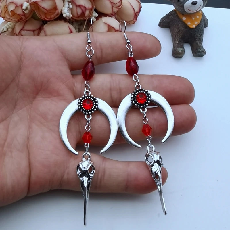 The New Crow Skull Earrings Goth Punk Style Horns Red Blood Drops Crystal Jewelry Gorgeous Fashion Ladies Gifts