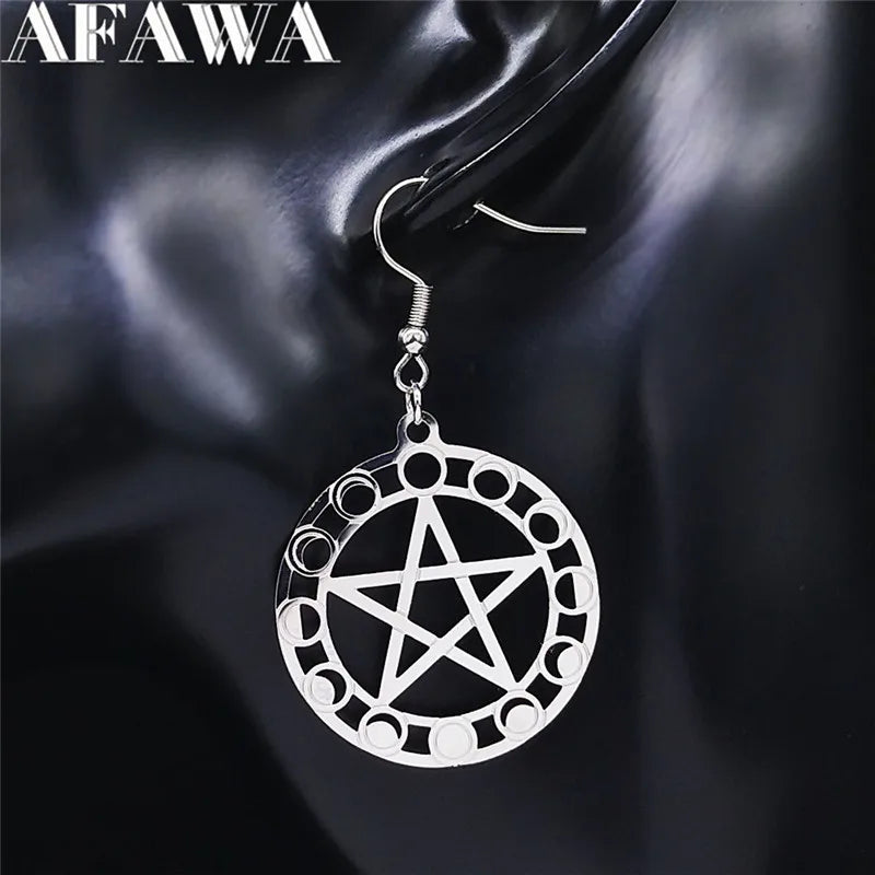 Witchcraft Pentagram Stainless Steel Drop Earrings - Moon Phase Women’s Jewelry