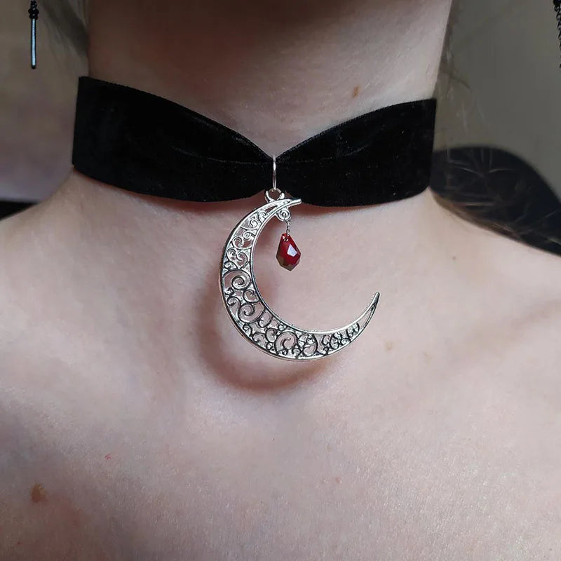 Black Velvet Crescent Moon Choker Wide Velvet Choker with Moon || Gothic Choker