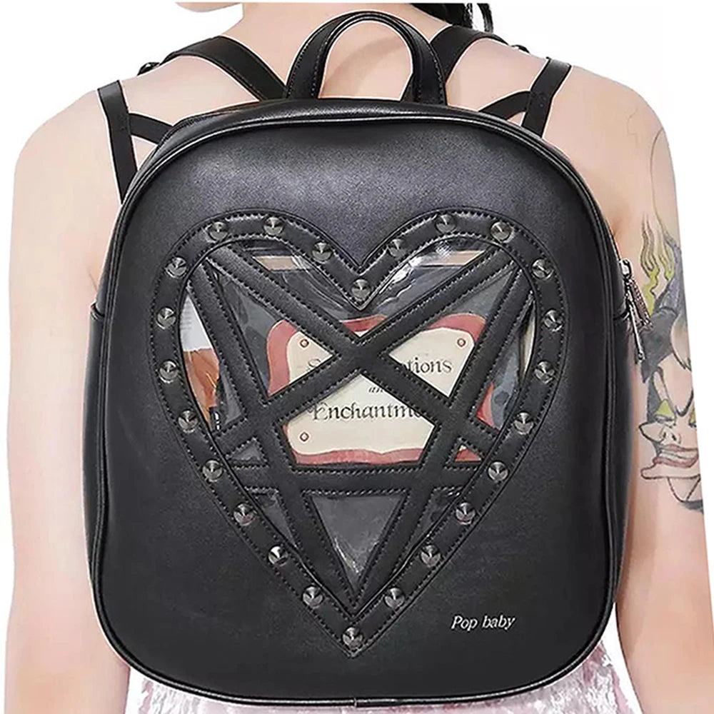 Harajuku Goth Heart-Shaped Backpack for Women - Studded Shoulder School Bag, Punk Hollow Out Leather Travel Bag with Rivets