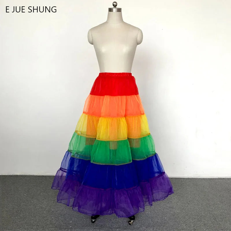 E JUE SHUNG Colorful Rainbow Petticoat – Long Organza Crinolina Rockabilly Dance Skirt