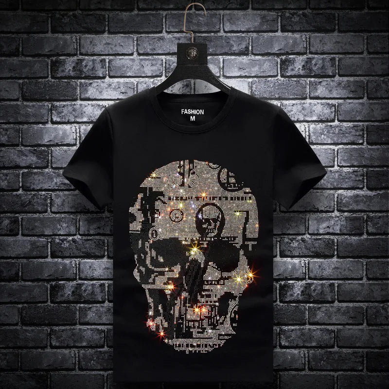 Plus Size 2024 Skull Rhinestone T-Shirts for Men, Summer Streetwear, Short Sleeve O-Neck Slim Fit Calaveras Camiseta