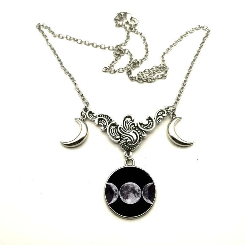 Crystal Glass Crescent Moon Necklace - Simple Witch Jewelry, Pagan Wizard Gift