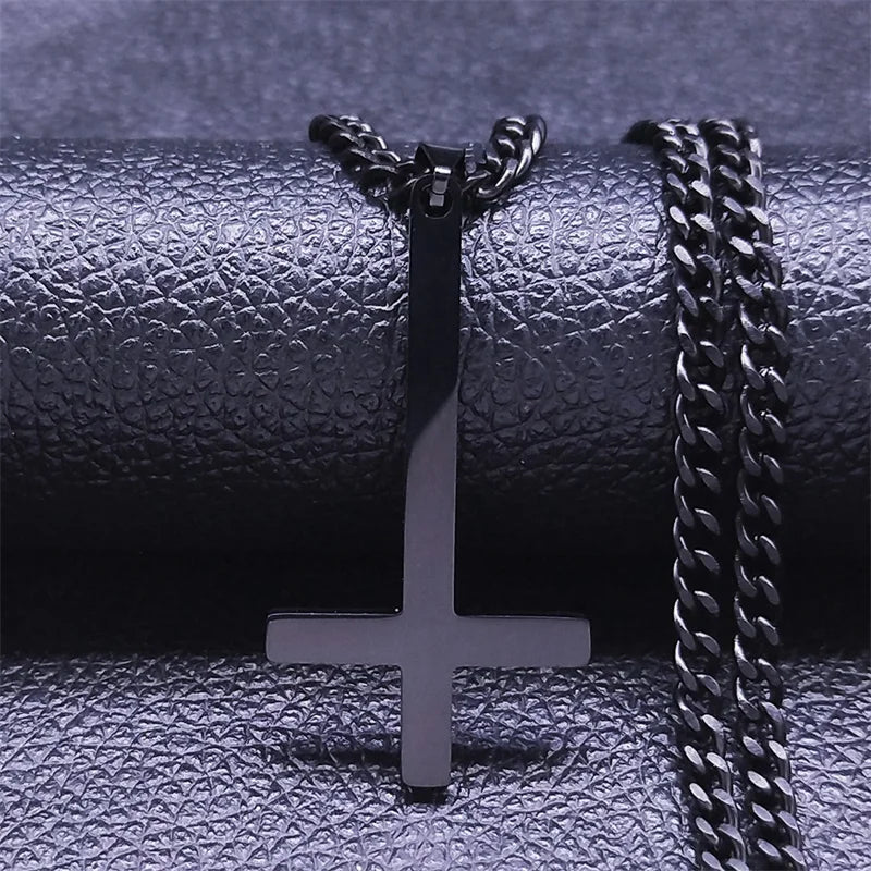 Stainless Steel Gothic Upside Down Cross Necklace Man Black Punk Inverted Cross Men Chains Goth Jewelry collar hombre N8006