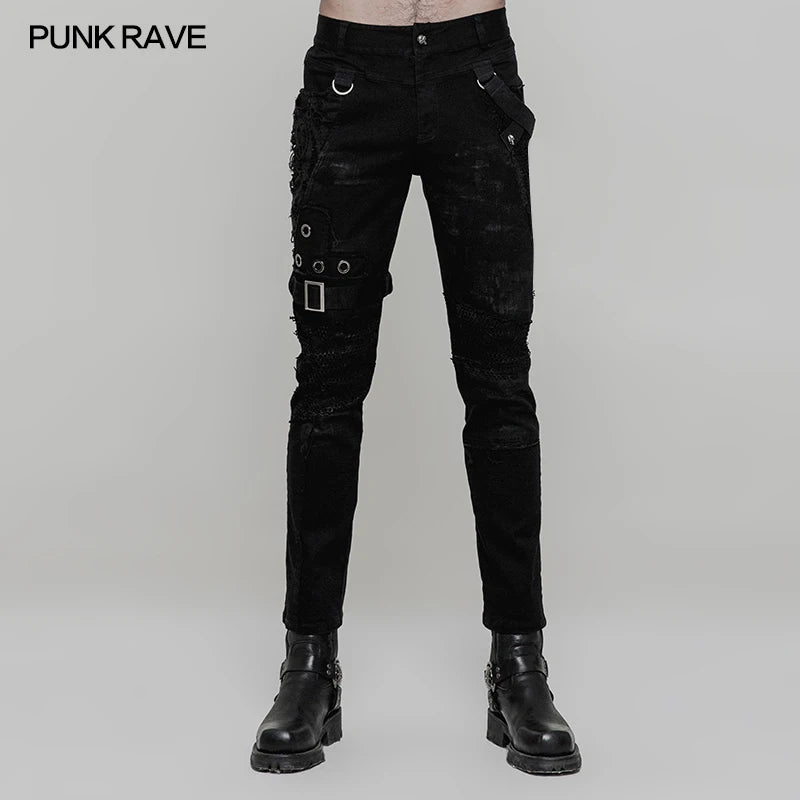 PUNK RAVE Men's Punk Personality Slim-Fitting Vintage Trousers Rock Fashion Casual Ghost Head Rivet Men Denim Pants