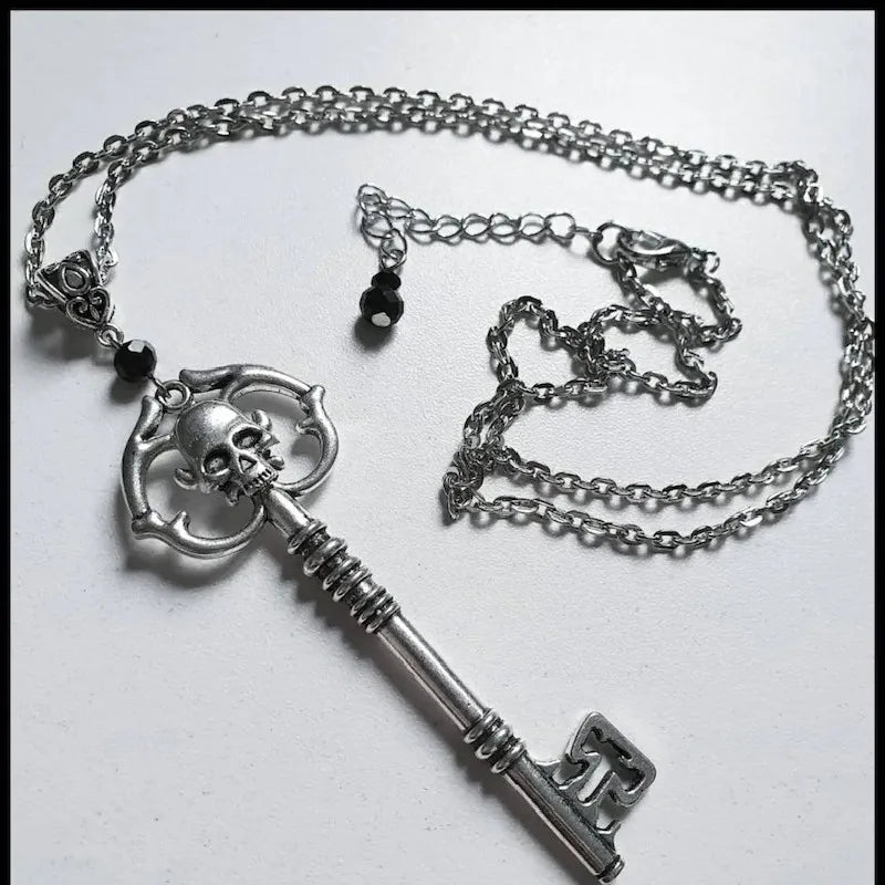 Antique Silver Skeleton Key Necklace - Creatively Crafted Pendant Charm, Making a Statement with Punk Jewelry, a Novelty Grunge Gothic Gift