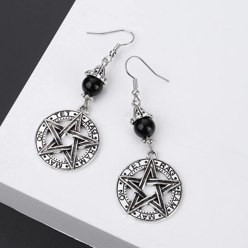 Gothic Dark Style Moon Sun Pentagram  Dangle Earrings