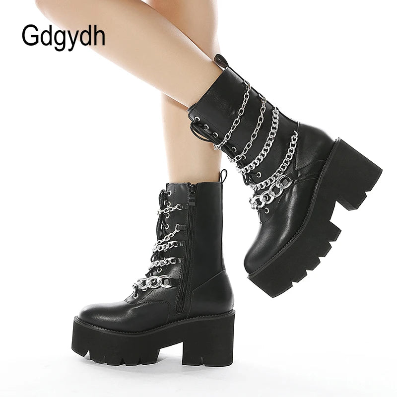 Gdgydh Goth Mid Calf Boots Platform Lace Up Metal Chains Women Motorcycle Boots Chunky Heel Punk Gothic Shoes Black Waterproof