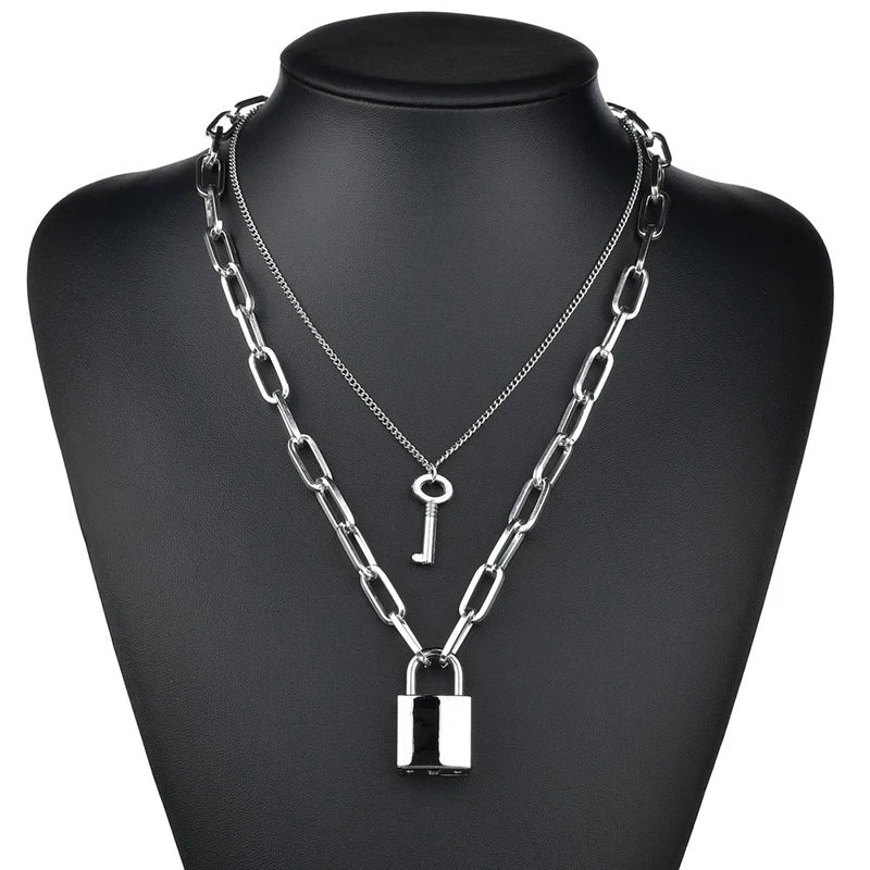 Cute Punk Goth Style Simple Chain Link Lock Pendant Necklaces