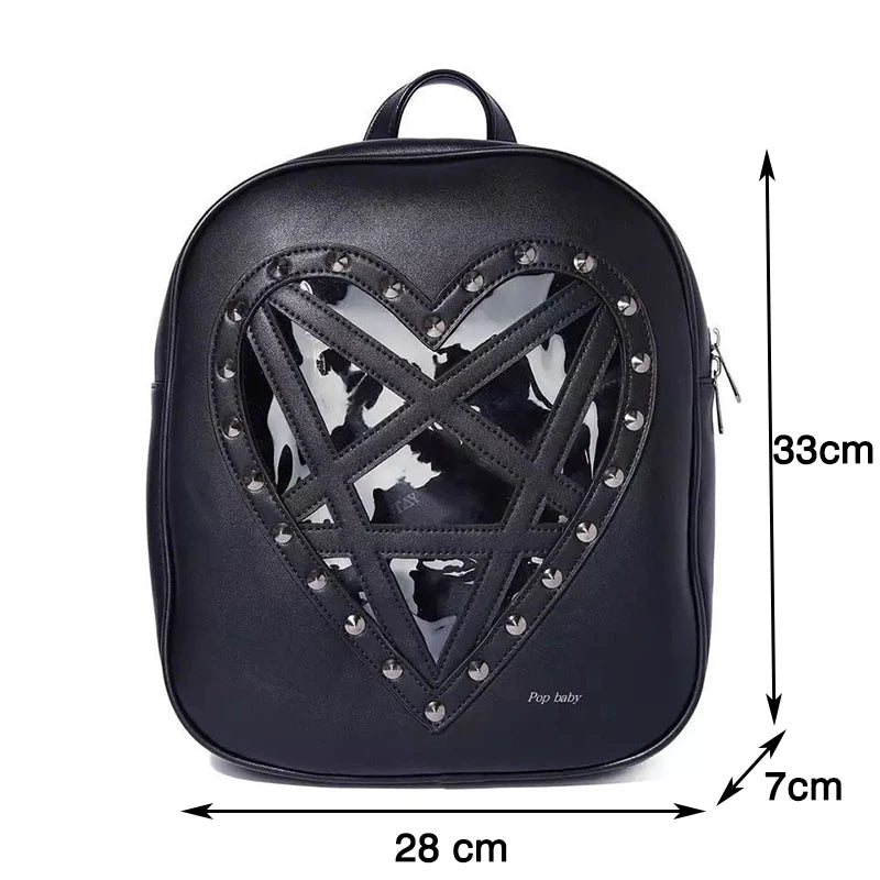 Harajuku Goth Heart-Shaped Backpack for Women - Studded Shoulder School Bag, Punk Hollow Out Leather Travel Bag with Rivets