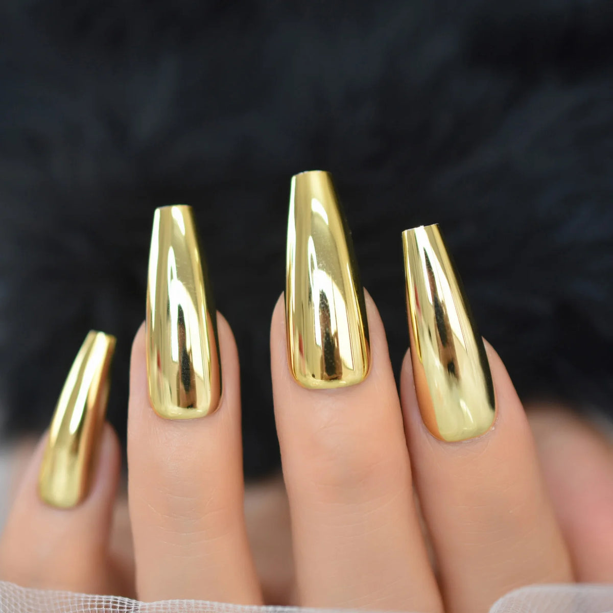 Metallic Coffin Nail Tips False Nails Long Ballerina Gold Mirror Fake Nails Press On Full Set For Fingernail Decorations