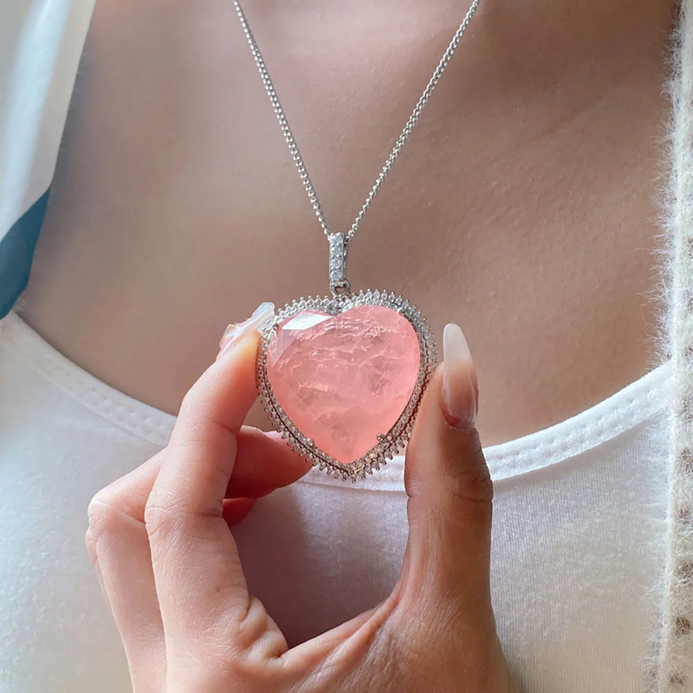 Pink Heart Crystal Tourmaline Created Moissanite Gemstone Pendant Necklace - Fine Jewelry for Women, Anniversary Gift