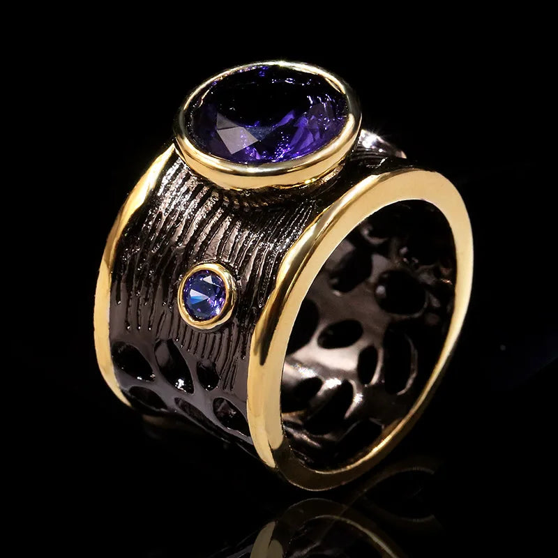 SSilver Plate Large Round Cut Amethyst Ring, Women's Vintage Black Gold Cocktail Ring, Italian Jewelry Antique Design