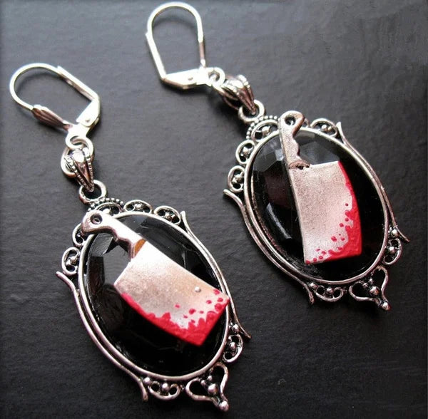 Gothic Bloody Meat Cleaver Earrings – Creepy Halloween Jewelry, Haunted Gothic Accessories