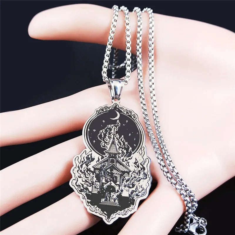 Witchcraft Fire House Stainless Steel Necklace for Women/Men | Silver Color Big Long Statement Necklace