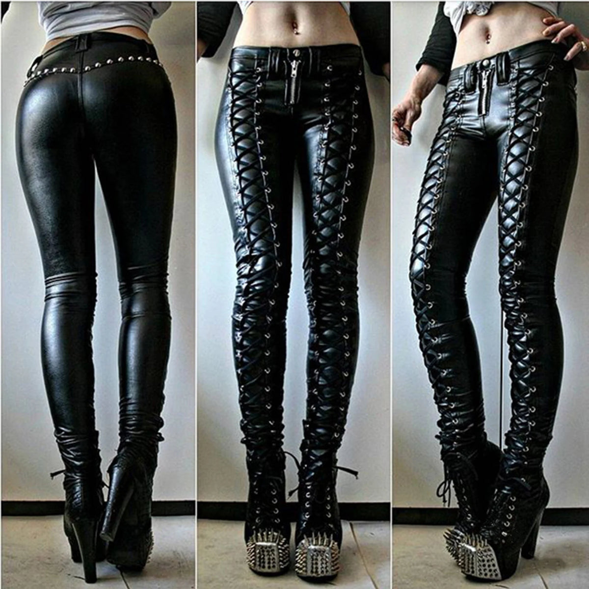 Women’s Retro PU Leather Pants – Steampunk Rivet Zipper Lace-Up Skinny Pencil Pants, Gothic Streetwear for Autumn