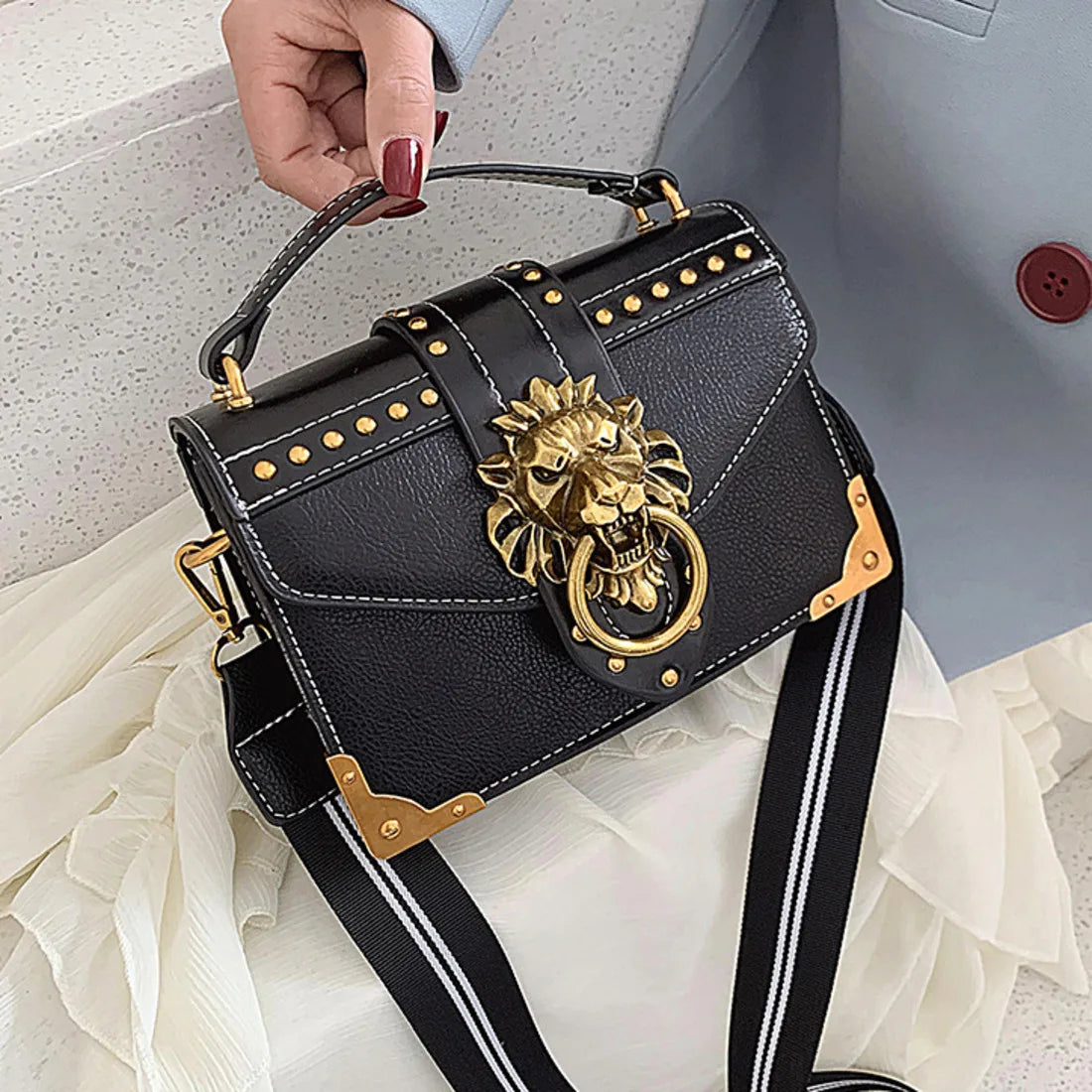 Luxury Metal Lion Head Brand Crossbody Bags: Female Fashion Handbags for Girls, Tote, Shoulder Purse, Mini Square Messenger Bag