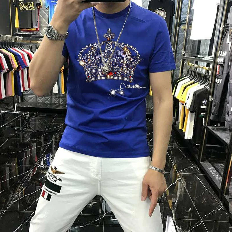 Korean Men's Handsome T-Shirt - Luxury Brand Big Crown Hot Diamond Oversized Short-Sleeve Plus Size Top