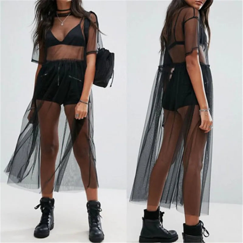 Sexy Black Gauze Mesh Sheer Tops: Women's Sheer Long Shirts, Casual Loose T-Shirts with Transparent Long or Short Sleeves
