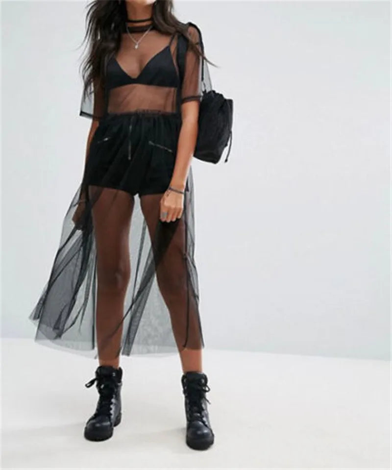 Sexy Black Gauze Mesh Sheer Tops: Women's Sheer Long Shirts, Casual Loose T-Shirts with Transparent Long or Short Sleeves