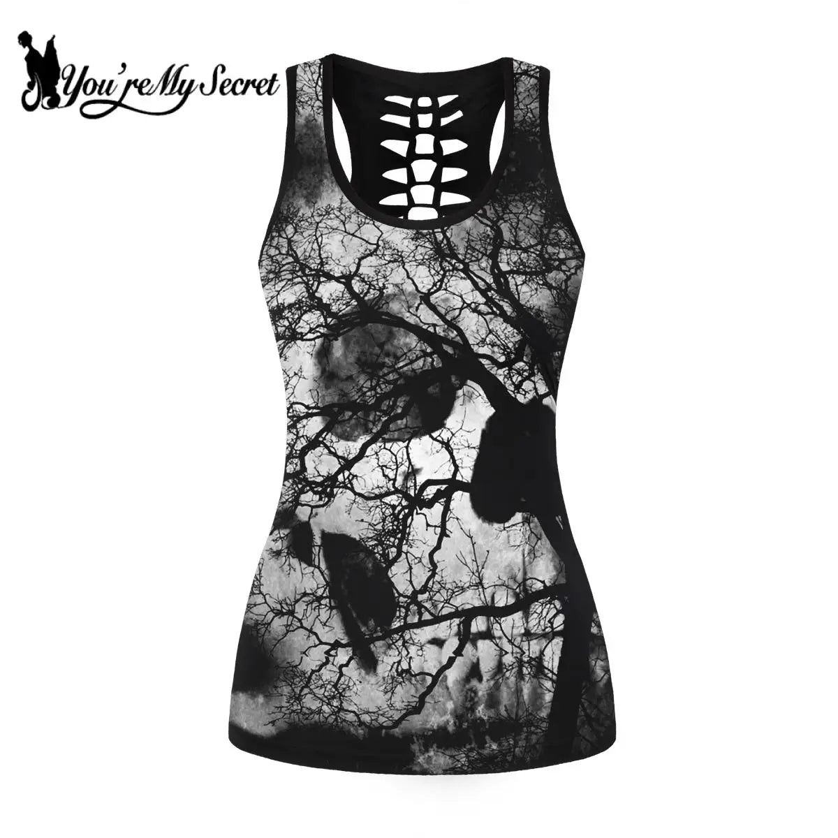 [You're My Secret] Women Summer Sexy Tank Top Black Gothic Skull Printing Hollow Top Hollow Out Elastic Breathable Female Vest