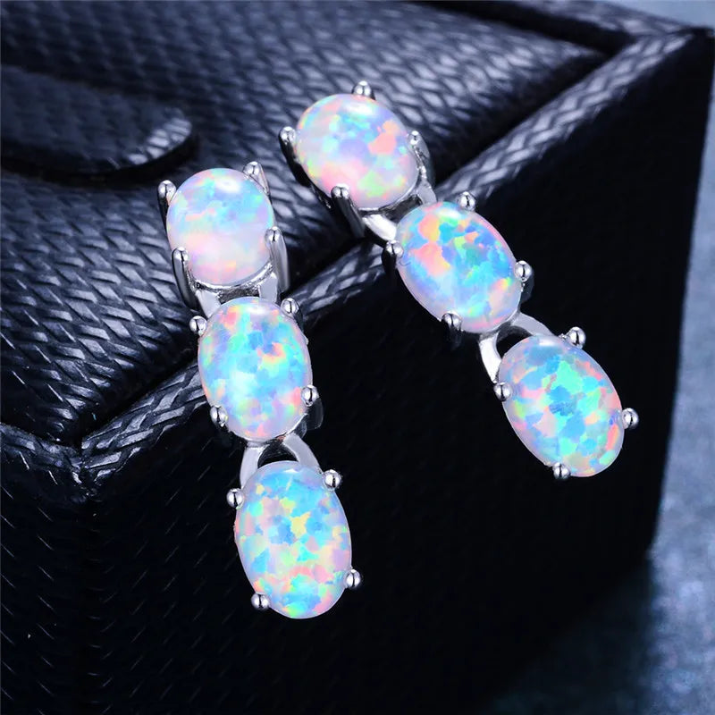 Cute Oval Stud Earrings Vintage Silver Color Double Boho White Green Blue Fire Opal Earrings for Women