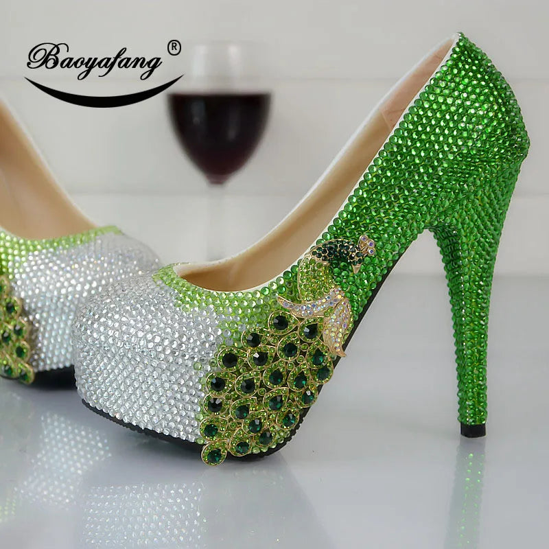 Women's Wedding Shoes – Green Rhinestone Phoenix Design, Round-Headed High-Heeled Crystal Shoes