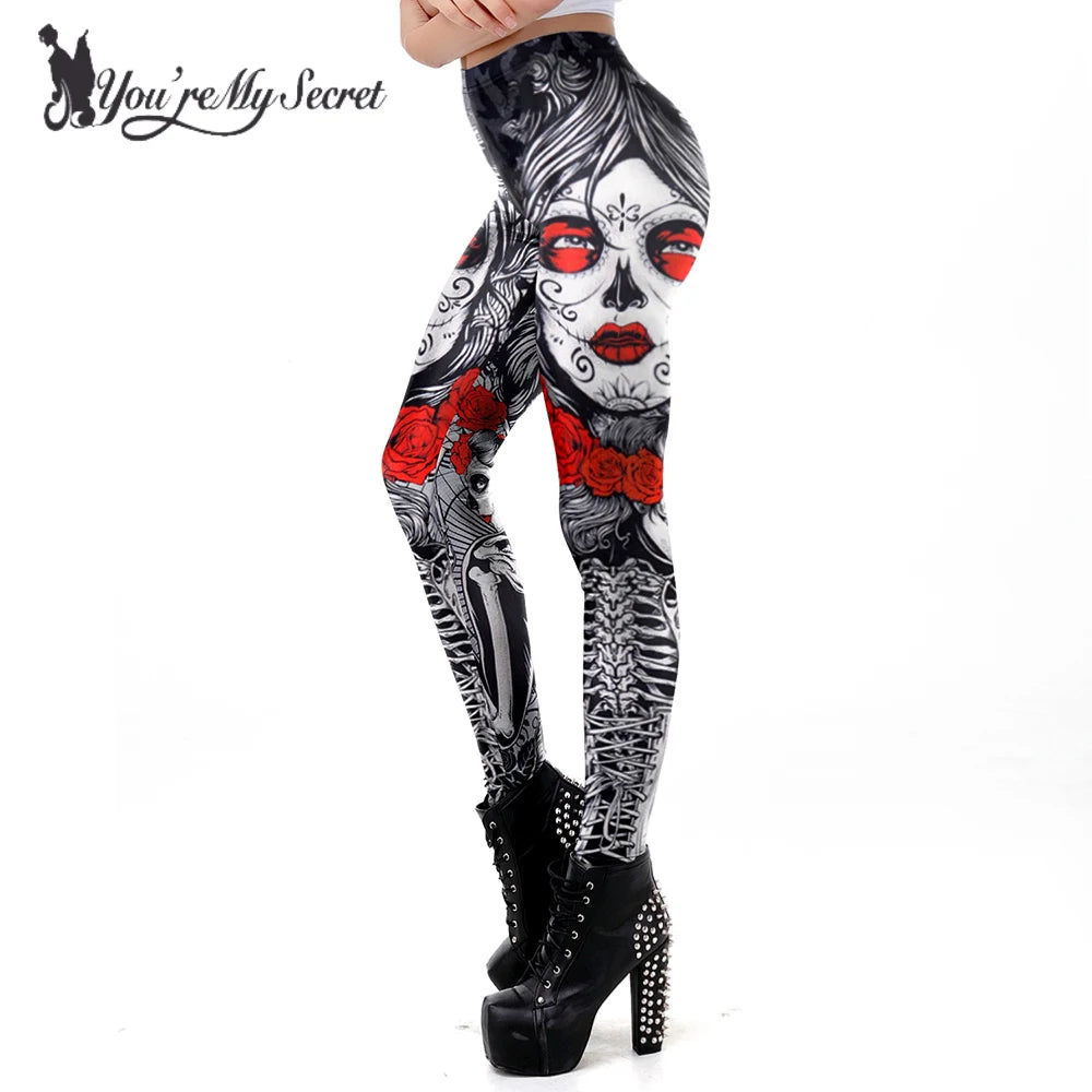 [You're My Secret] New Fitness Leggings Horror Skull Print for Women, Rose Halloween Party Wear