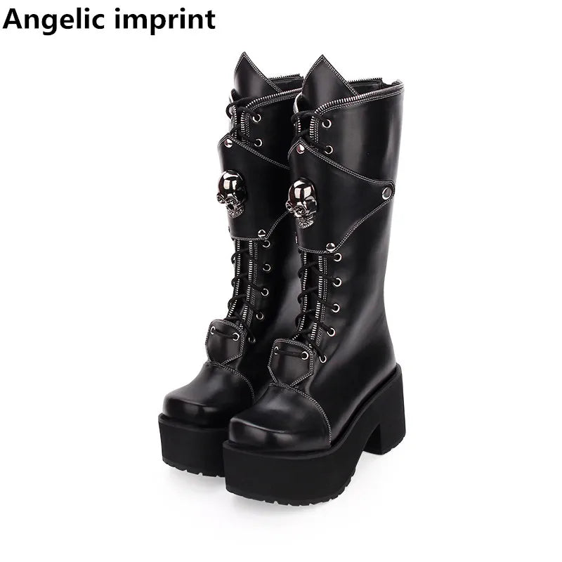 Angelic imprint mori girl Women motorcycle punk boots lady lolita Boots woman high heels pumps platform shoes skull rivets 8cm