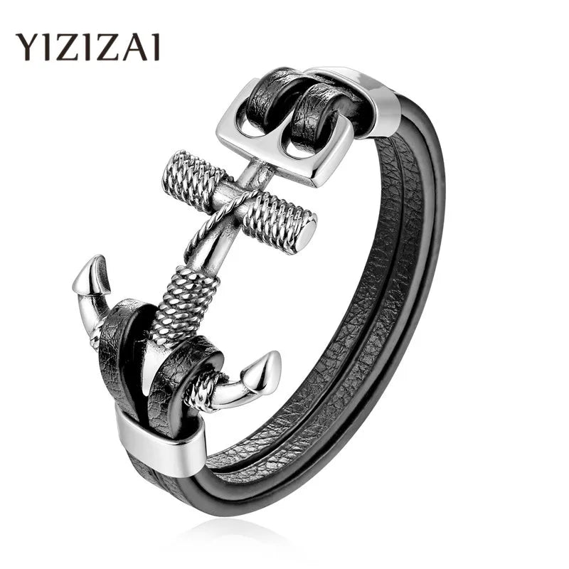 YIZIZAI Genuine Leather Anchor Bracelet Men Lion Double Wolf Shackles Stainless Steel Charm Bracelets Wristband Fashion Jewelry