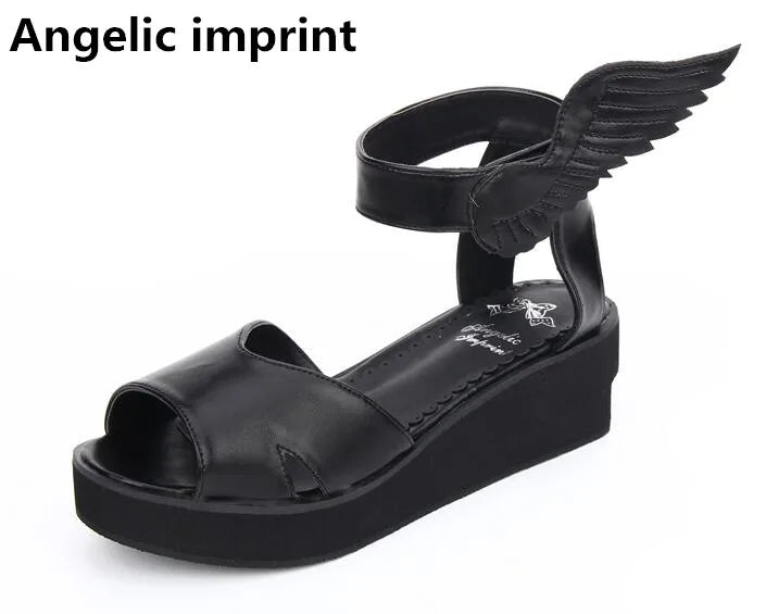 Angelic Imprint Women's Lolita Cosplay Shoes - Mid-Heel Wedges with Black Angel Wing Ankle Accents, Summer Sandals