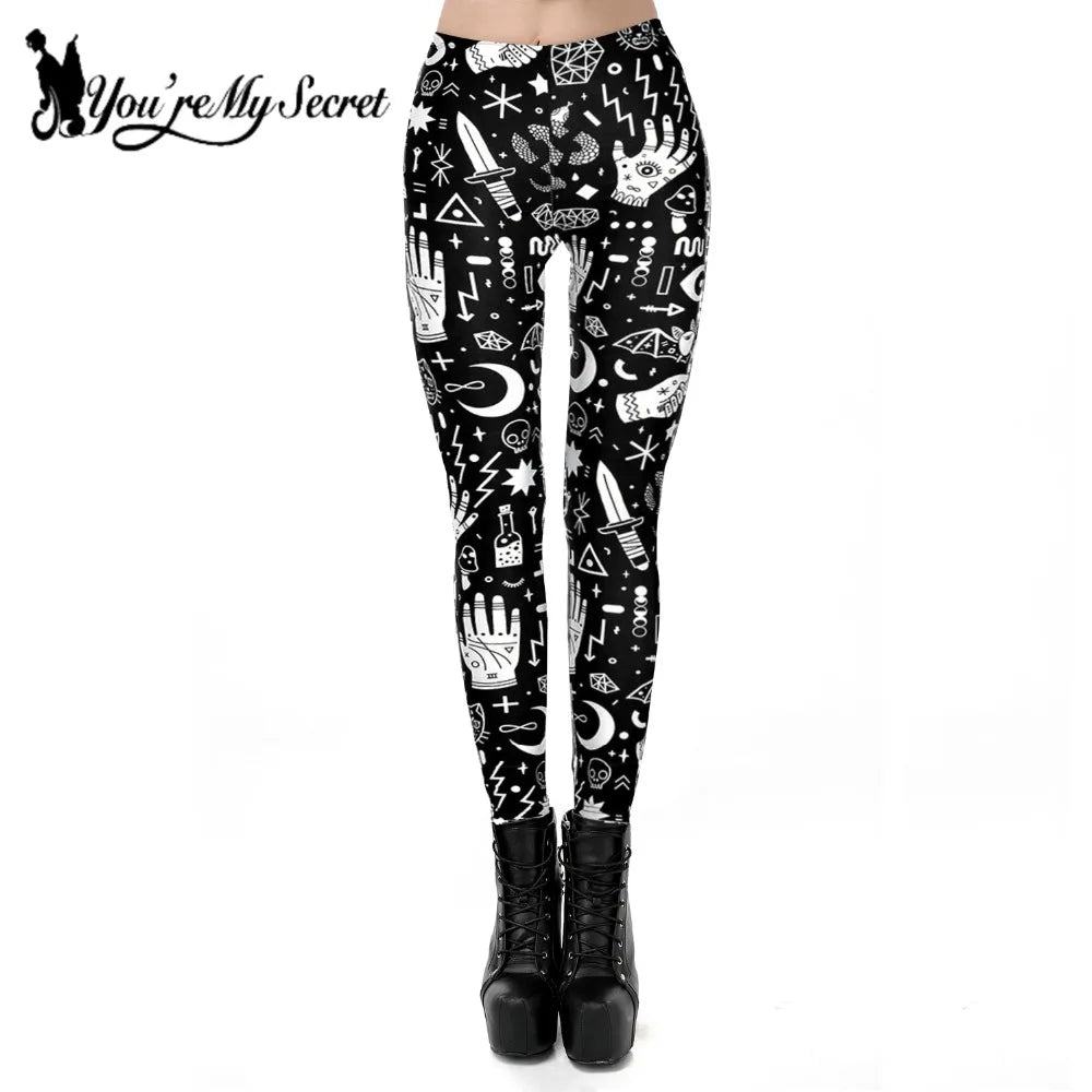 [You\'re My Secret] 2021 Hot Women Leggings Black and White Graffiti Gothic Fitness Pants Ouija  High Waist Tights Pencil Pants