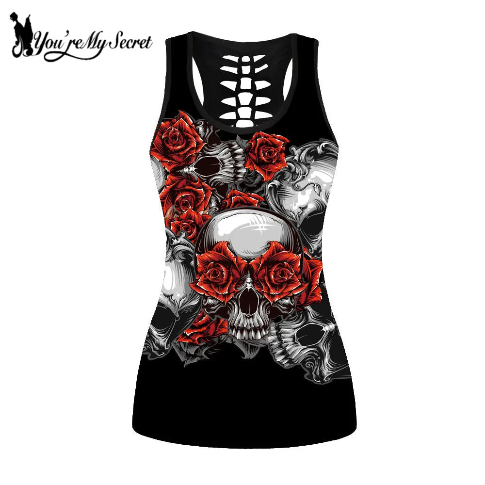 [You're My Secret] Gothic Floral Skeleton Tank Tops Women Red Rose Printed T-shirt Sleeveless Hollow Out Vest Shirts