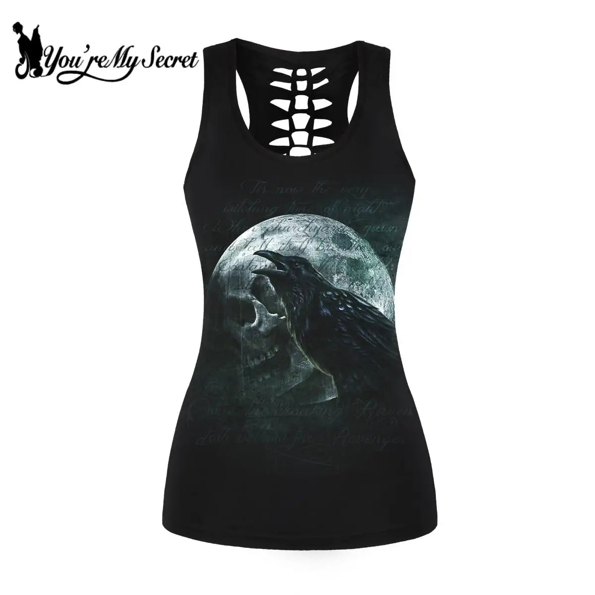 [You're My Secret] Hollow Top For Women Summer Gothic Skull Crow Print Hollow Out Vest  Black Fitness Tank Top Female Clothing