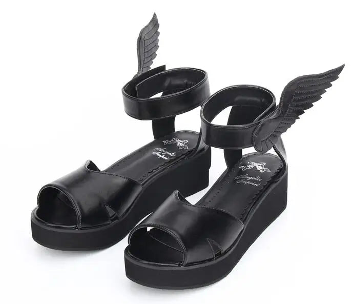 Angelic Imprint Women's Lolita Cosplay Shoes - Mid-Heel Wedges with Black Angel Wing Ankle Accents, Summer Sandals