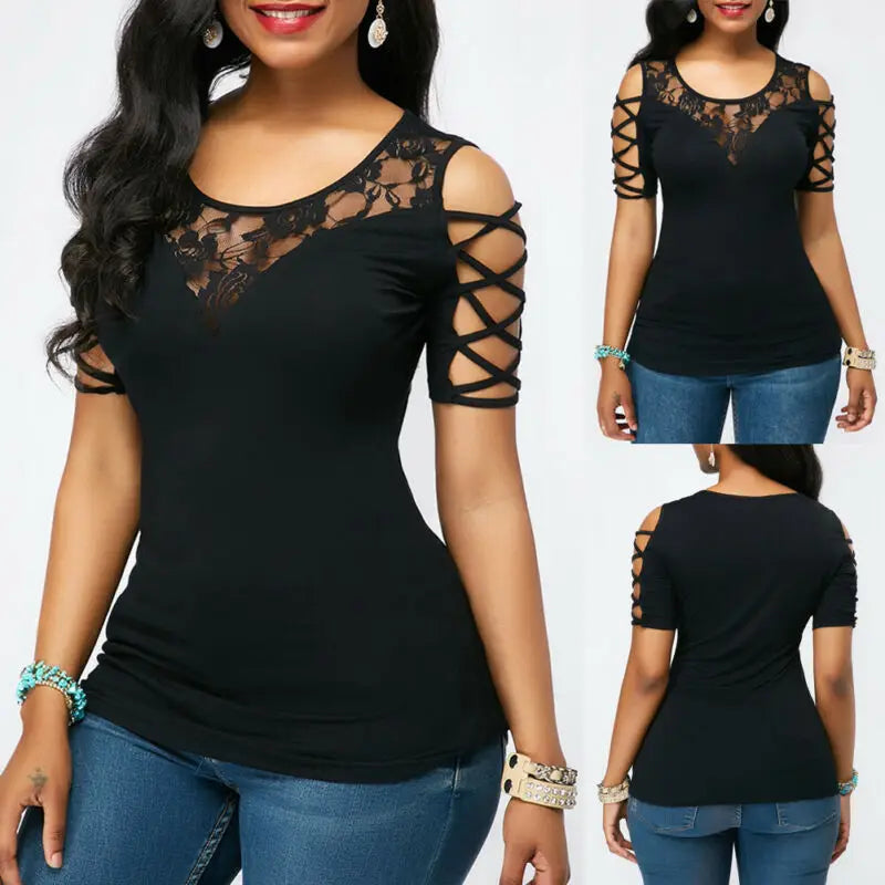 Women's Fashion Cold Shoulder T-Shirt - Round Neck, Floral Lace, Slim Fit, Short Sleeve Summer Top